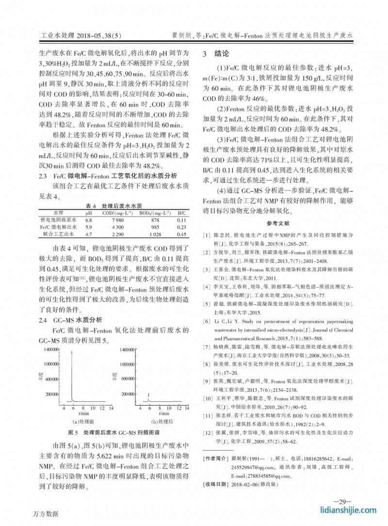 Fe/C微電解-Fenton法預處理鋰電池陰極生產(chǎn)廢水